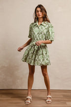 BiBi Mini Shirt Dress Green Cream Floral Bow Tied Belt Short Sleeve 3abc4bc5abe14eb3826ffc8a413b466e-Max-Origin Trendsi