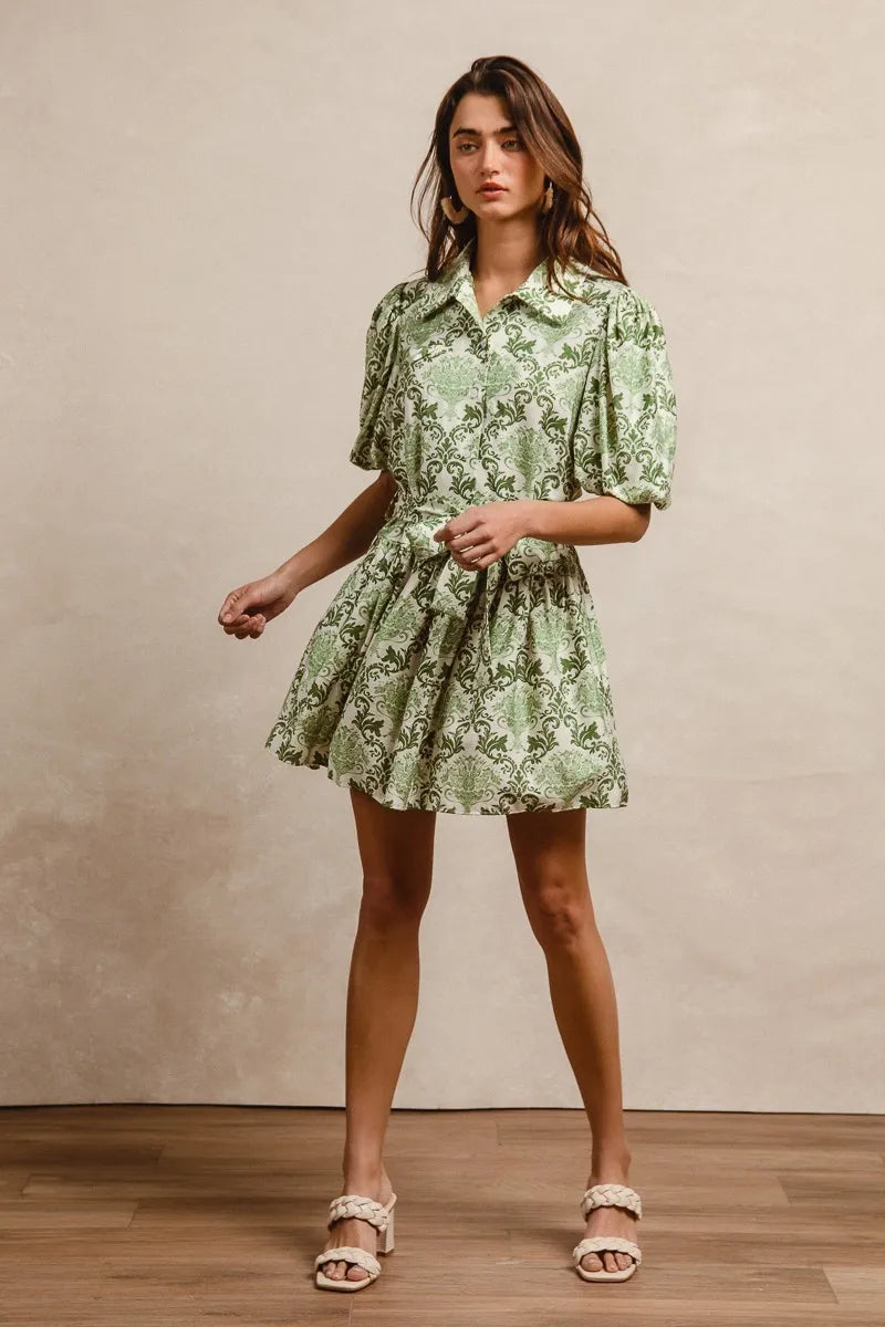 BiBi Mini Shirt Dress Green Cream Floral Bow Tied Belt Short Sleeve 3abc4bc5abe14eb3826ffc8a413b466e-Max-Origin Trendsi