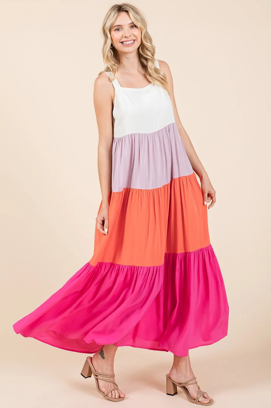 Mittoshop Maxi Tank Dress Fuchsia Pink Color Block Tiered Pull-On 3ac7f0abc3ce4670ab17debe4989b375-Max-Origin Trendsi