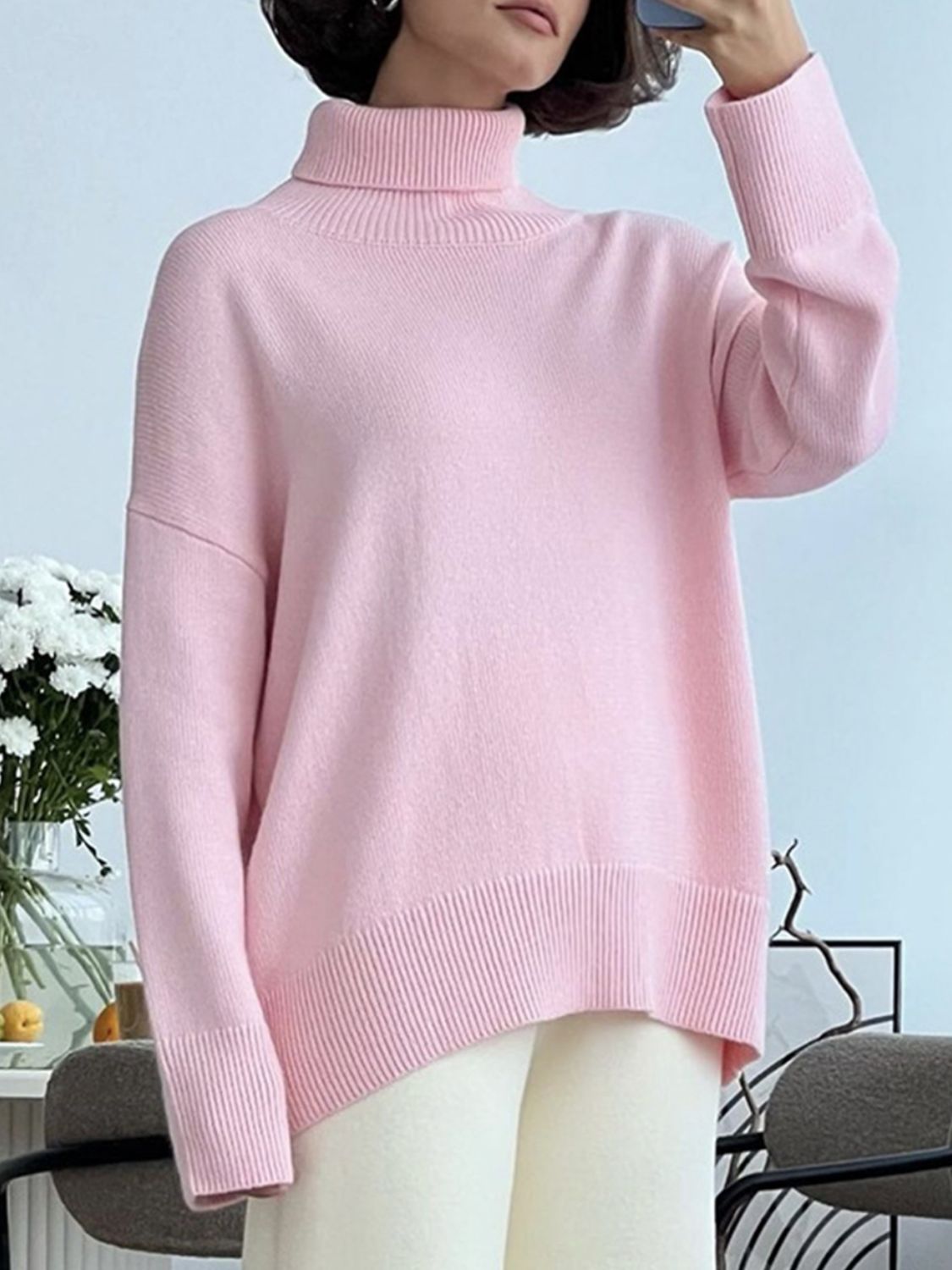 Turtleneck Women Sweater Basic Solid Oversized Long Sleeve Soft Knit Acrylic Blush Pink One Size