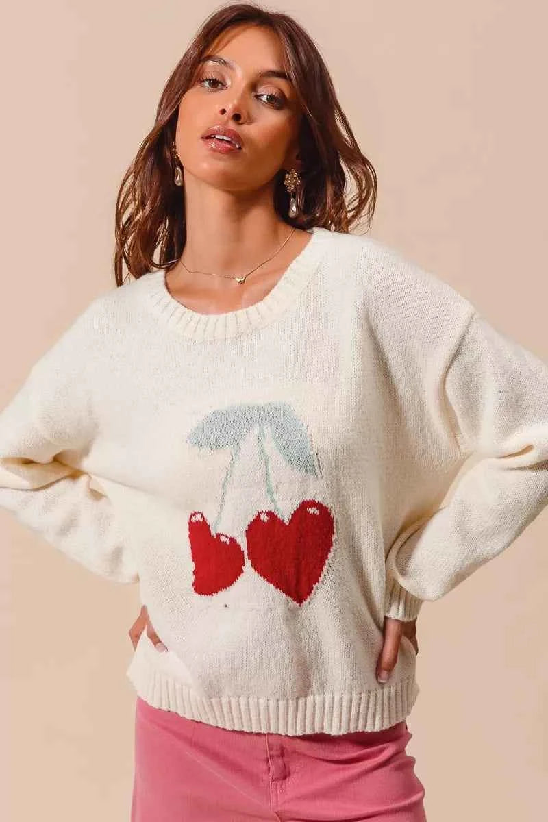 SO ME Valentine Sweater Heart Cherry Ivory Knitted Long Sleeve Top 3acce143defd482ab1652895a9afba9d-Max-Origin Trendsi