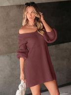 Sweater Mini Dress Perfee V-Neck Knit Long Balloon Sleeve 3acd654b-2274-49b4-aeb7-ee522a3f2d1e-Max Trendsi