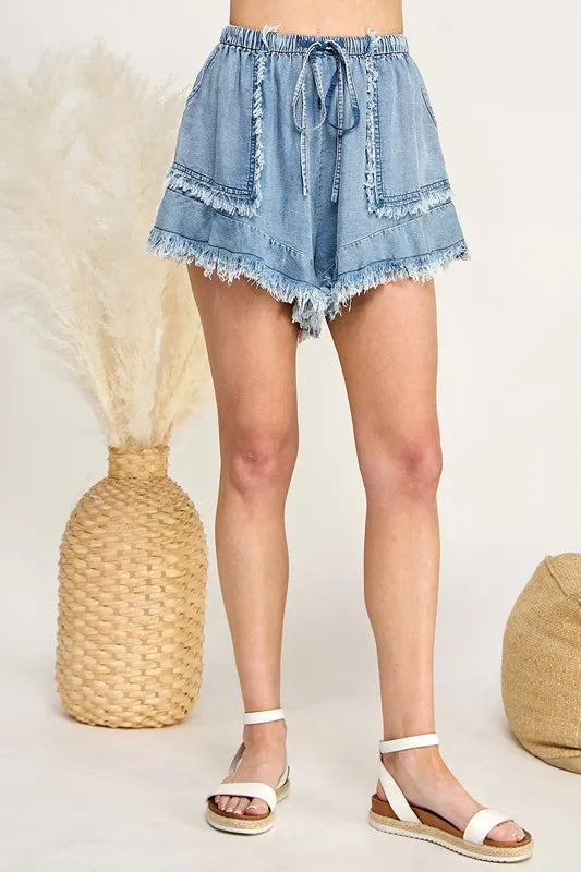 SAGE+FIG Denim Shorts Frayed Raw Hem Drawstring Light Blue Pocketed LIGHT DENIM 3ad9c9b8975a4c6a95220a0d48fdfc37-Max-Origin Trendsi