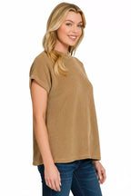 Zenana Womens Sweater Deep Camel Chenille Waffle Cap Short Sleeve 3ade0eac-1433-4767-be71-155ee748db8b-Max-Origin Trendsi