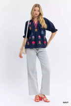 Umgee Womens Blouse Navy Blue Embroidered Floral Top with Contrast Trim 3ae04f55-02b5-4c98-bbe8-e24e9447aaa3-Max-Origin Trendsi