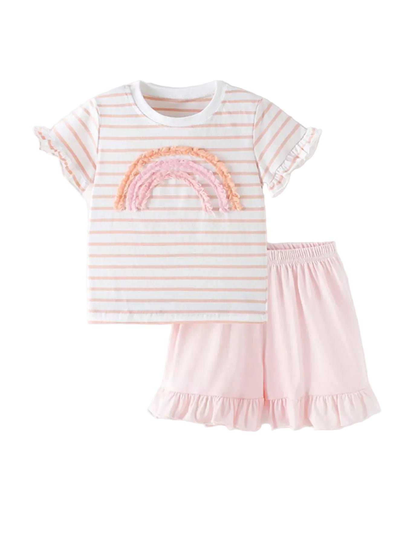 Children's Rainbow Striped Ruffle Trim Tee and Shorts Set