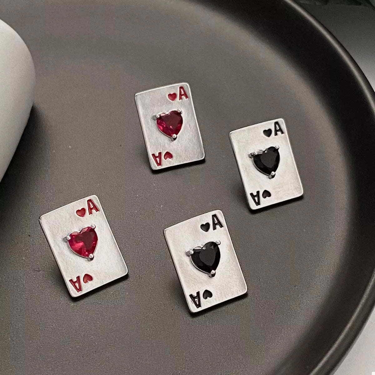 Stud Earrings Poker Card Ace of Hearts Rhinestone Silver-plated Jewelry Black One Size 3aead563-08aa-44d0-a12e-b320da9d6fc6-Max-Origin Trendsi