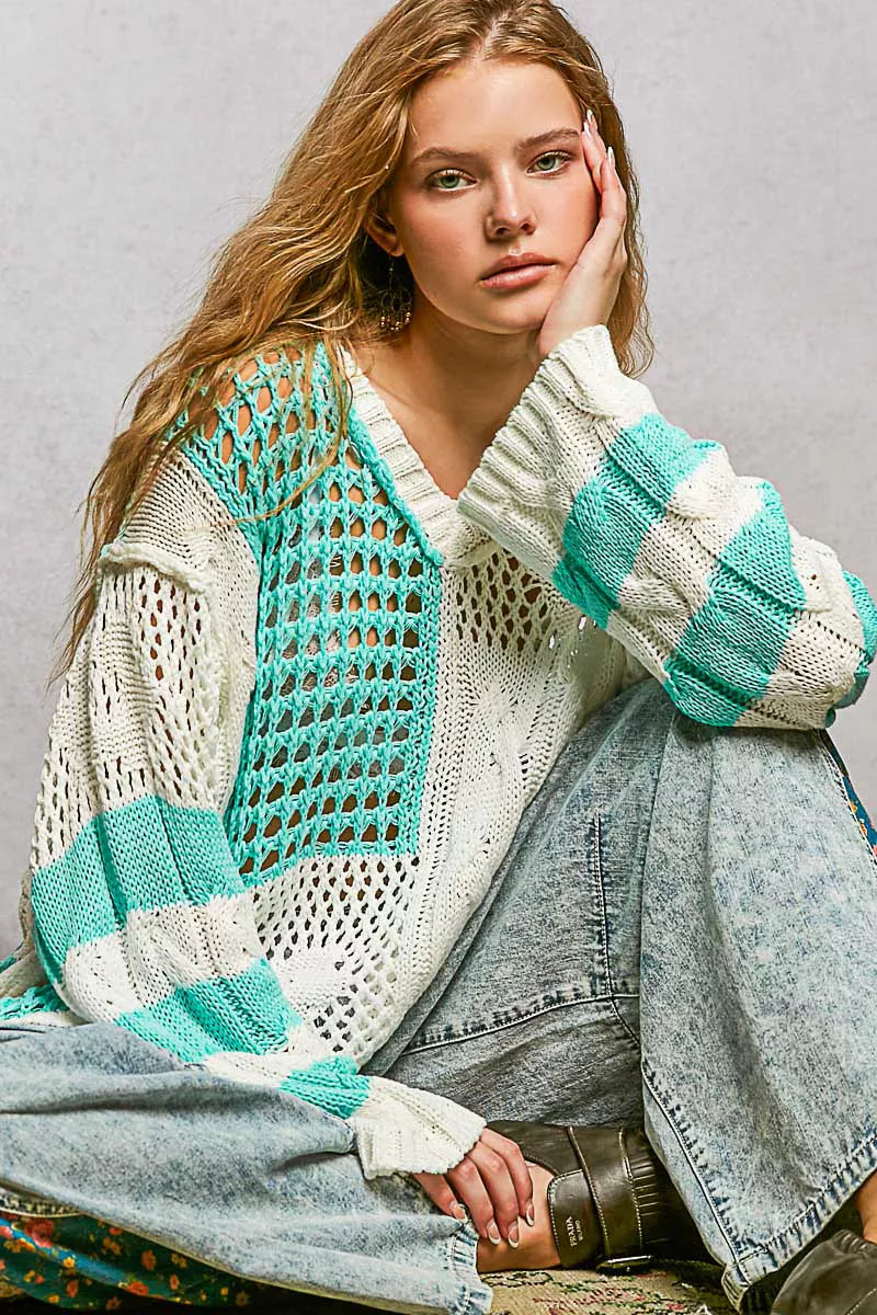 POL Womens Knit Top Aqua Blue Color-Blocked Stripe with Twisted Weave 3aedcc4d-5882-465c-bac3-d89d00f7fa57-Max-Origin Trendsi