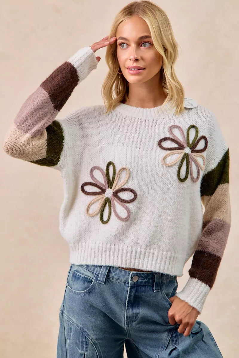 BiBi Flower Women's Sweater Color Block Ivory Brown Knit Pullover 3af08b3bb79543dda457d23dacca1291-Max-Origin Trendsi