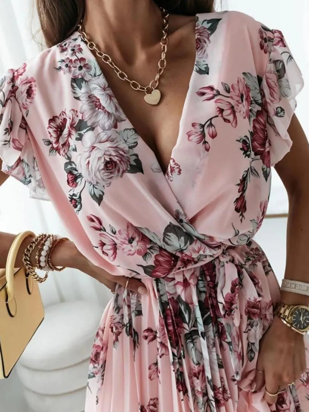 Floral Ruffle Dress Surplice Ruffled Cap Short Sleeve Tied Waist Pink 3af6aa37-3d68-45bf-bf5c-93ceff518a85-Max-Origin Trendsi