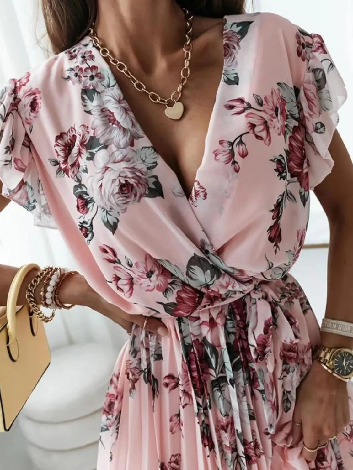 Floral Ruffle Dress Surplice Ruffled Cap Short Sleeve Tied Waist Pink 3af6aa37-3d68-45bf-bf5c-93ceff518a85-Max-Origin Trendsi