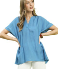 Umgee Flowy V-Neck Short Sleeve Blouse Women’s Boho Top S-L Casual
