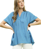 Umgee Flowy V-Neck Short Sleeve Blouse Women’s Boho Top S-L Casual