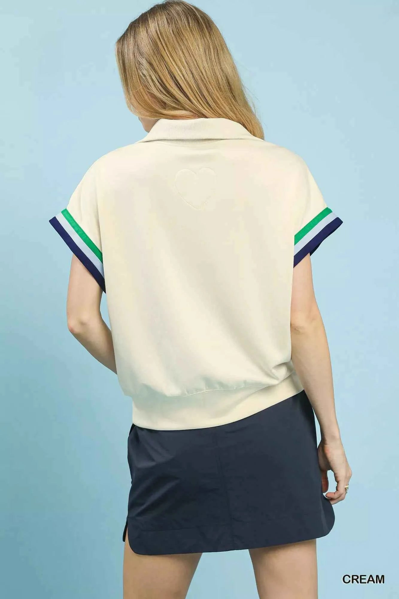 Umgee Blouse Zip Front Casual Top Cream with Contrast Stripe Trim Top 3af939a3-7fbd-44dd-8118-60b51a2187ee-Max-Origin Trendsi