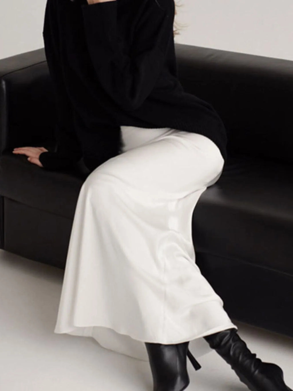 Satin Maxi Skirt High-Waisted Back Zip Black White Solid Basic Style 3afd0df5-cbb2-44e4-a064-60ae1731aedf-Max-Origin Trendsi