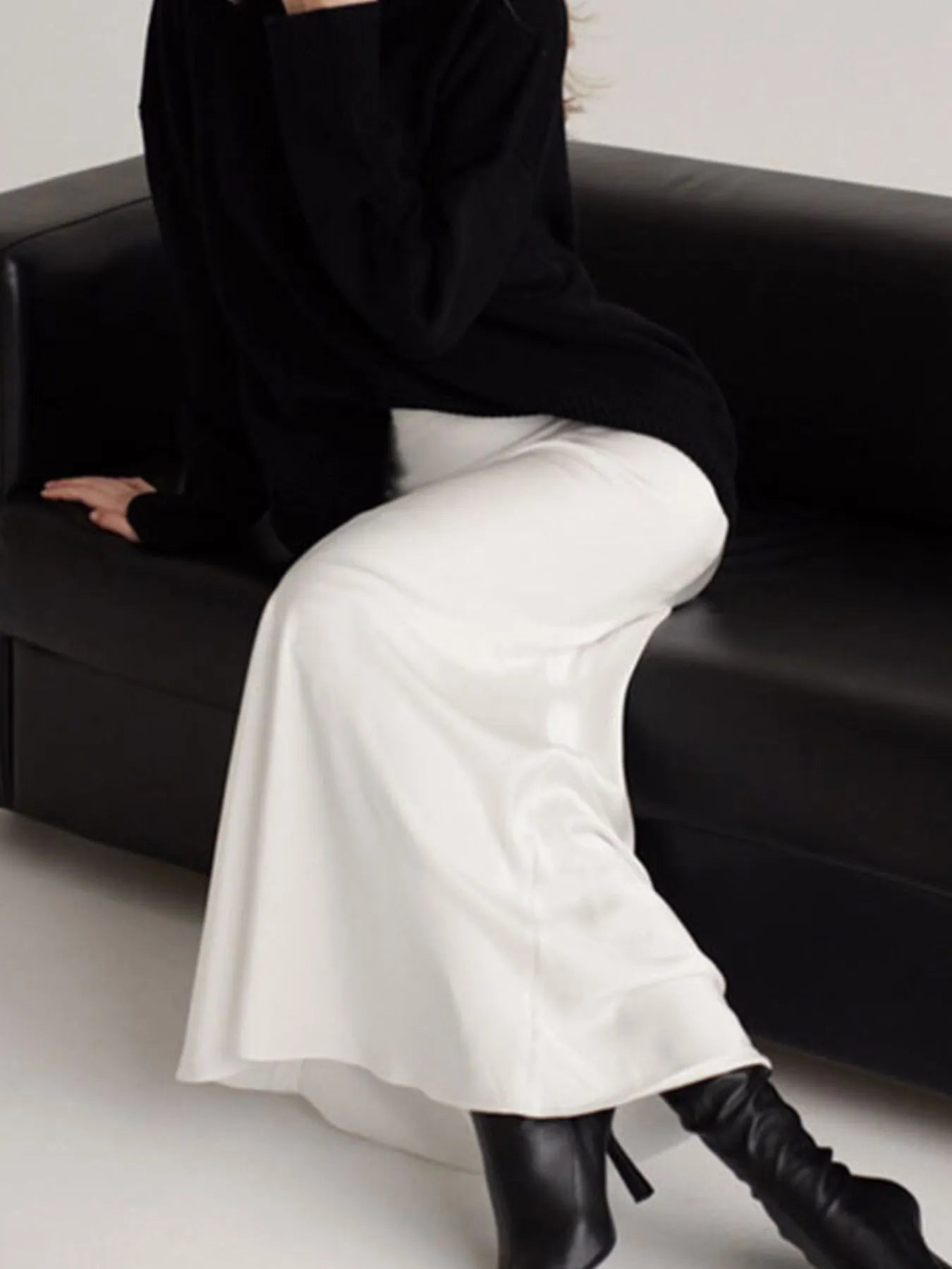 Satin Maxi Skirt High-Waisted Back Zip Black White Solid Basic Style 3afd0df5-cbb2-44e4-a064-60ae1731aedf-Max-Origin Trendsi