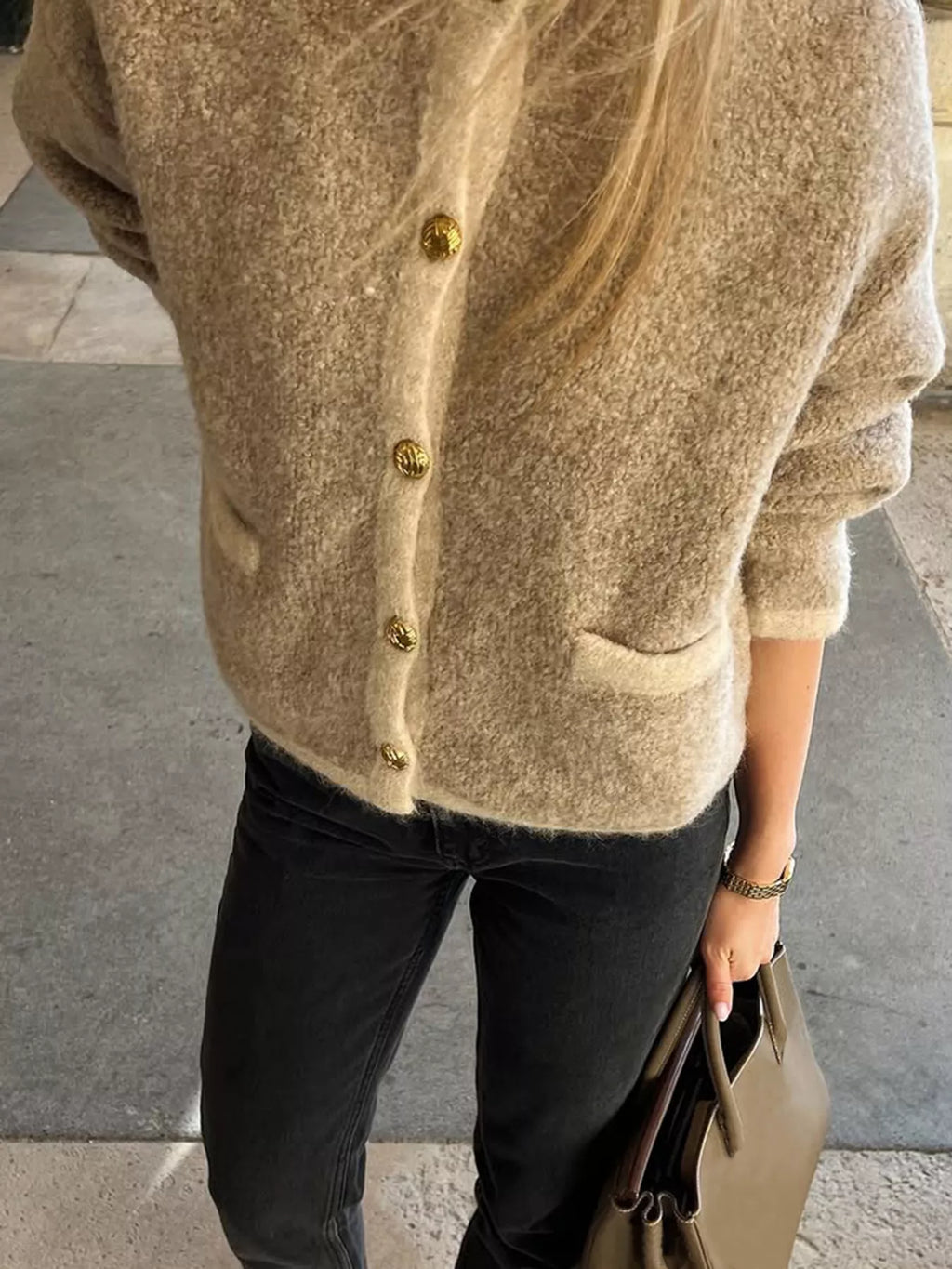Womens Cardigan Textured Knit Wool Blend with Gold Buttons 3b0cf8bb2be34e608cb4b53022a25844-Max-Origin Trendsi