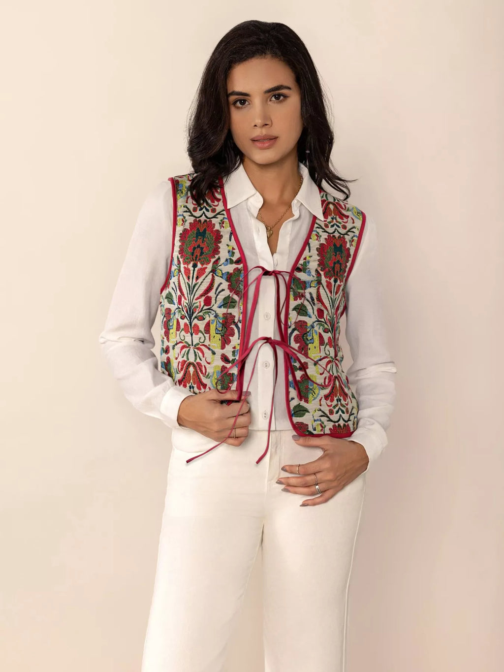 Womens Vest Coat Floral Embroidered Deep Red Tie-Front Sleeveless 3b16f409-1668-483a-a59a-df66e5751c7d-Max-Origin Trendsi