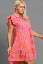 Umgee Mini Dress Floral Pink Orange Print Ruffle Cap Short Sleeve Tiered 3b1b3596-b299-45e5-b3b1-bd1f406d9da1-Max Trendsi