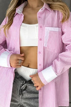 Striped Pink Shirt Women's Collared Patch Pocket Long Sleeve Casual Top 3b2189f2-5cb4-448e-8f3b-da8edfd337f3-Min Trendsi