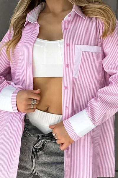 Striped Pink Shirt Women's Collared Patch Pocket Long Sleeve Casual Top 3b2189f2-5cb4-448e-8f3b-da8edfd337f3-Min Trendsi