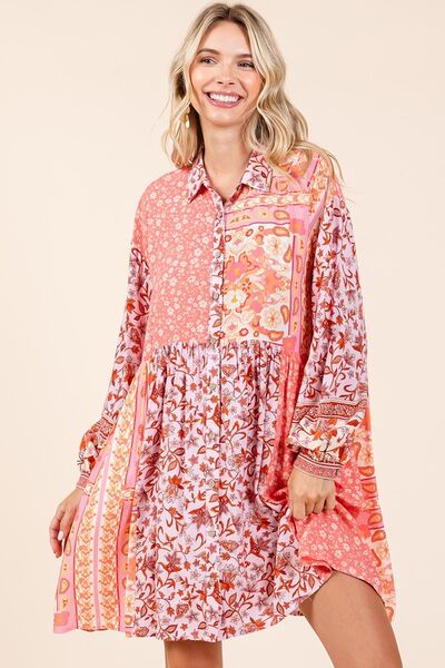 Mittoshop Shirt Dress Floral Long Sleeve Pocketed Short Coral Pink 3b330540-396e-46e1-b5bf-2ff9f79c3738-Min Trendsi