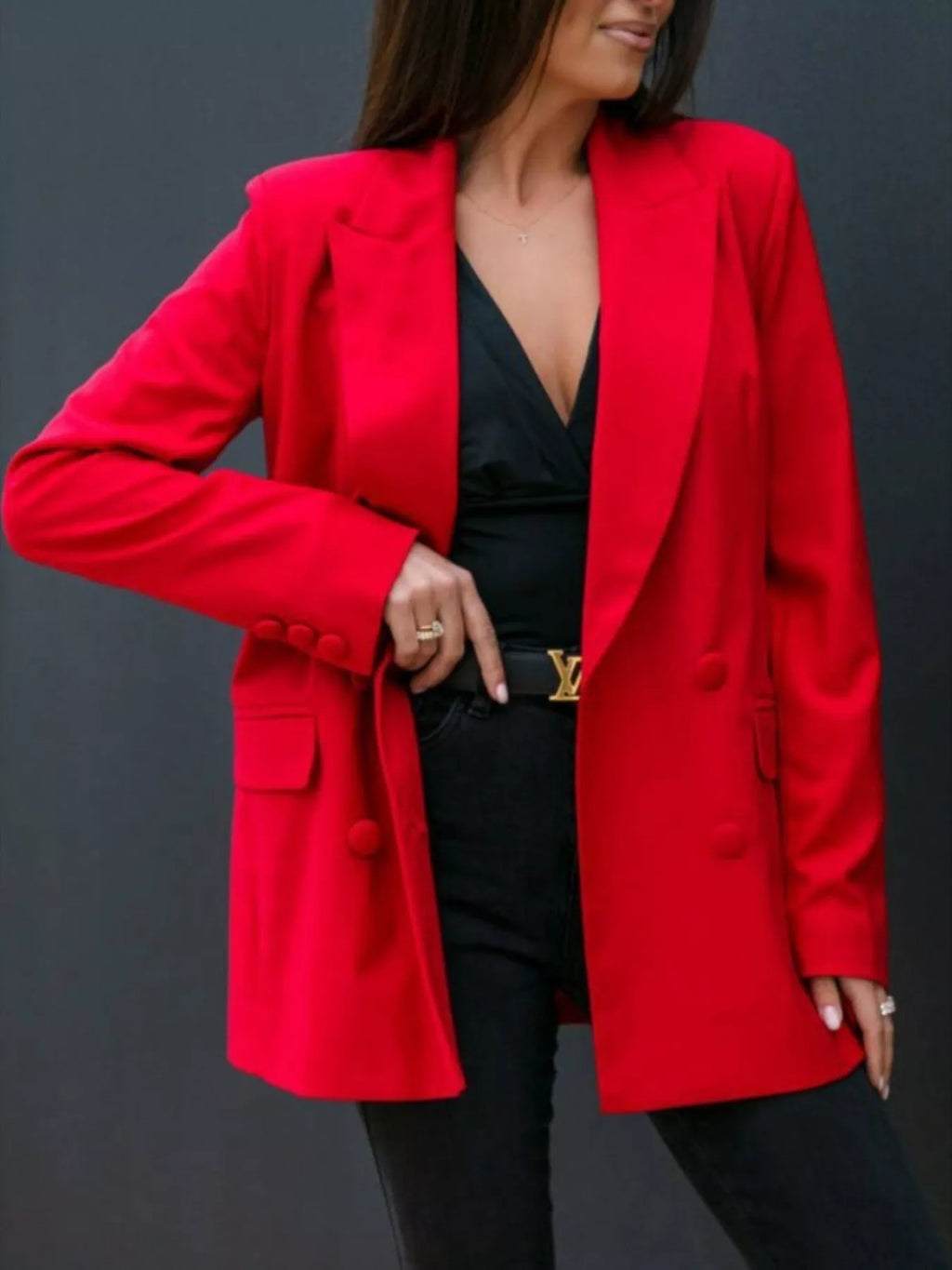 Women's Longline Blazer Lapel Collar Long Sleeve Casual Outwear Red 3b363998be364b2e832cd3e94928e8aa-Max-Origin Trendsi