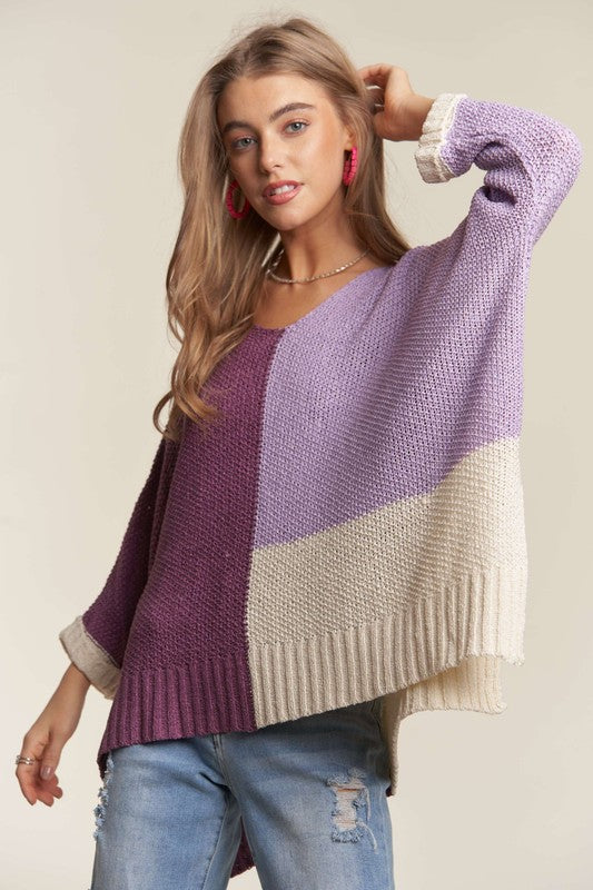 ADORA Women's Sweater Deep Purple Color Block Pattern Long Sleeve Pullover 3b3c8a51-77bf-46db-be18-a81e8a57b17c-Max Trendsi