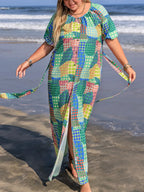 Plus Size Printed Round Neck Maxi Shirt Dress with Tie Detail
