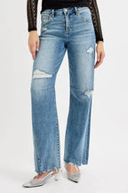 RISEN Women's Jeans Mid Rise Fit Wide Baggy Leg Tie Washed Raw Hem Denim MEDIUM 3b3e0c7283914831a2f4c67be7f2745a-Max-Origin Trendsi