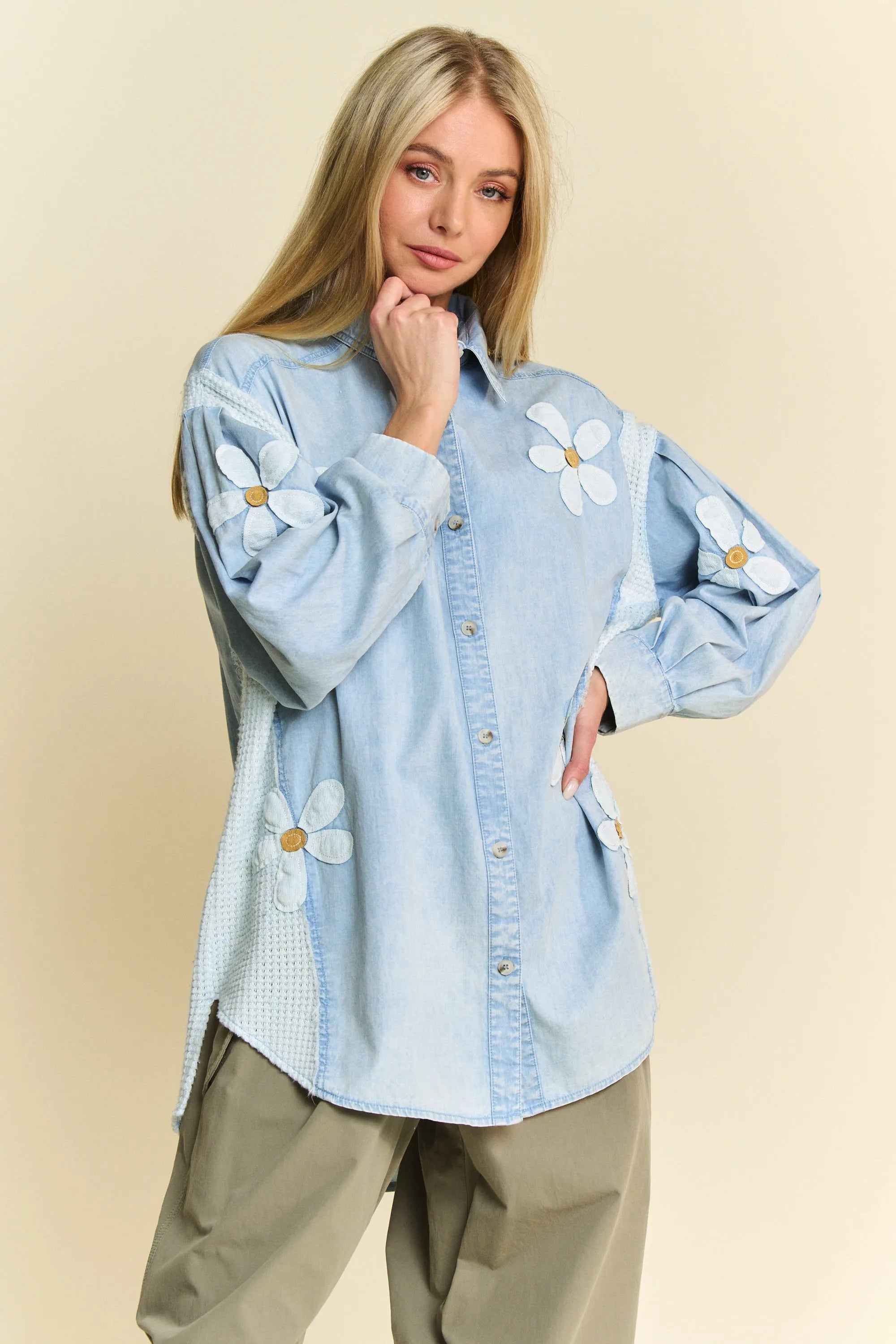 Davi & Dani Women's Denim Shirt Lightweight Washed Daisy Patch Waffle Knit Top LIGHT DENIM 3b4e320de83e433db00286ed95f11b8f-Max-Origin Trendsi