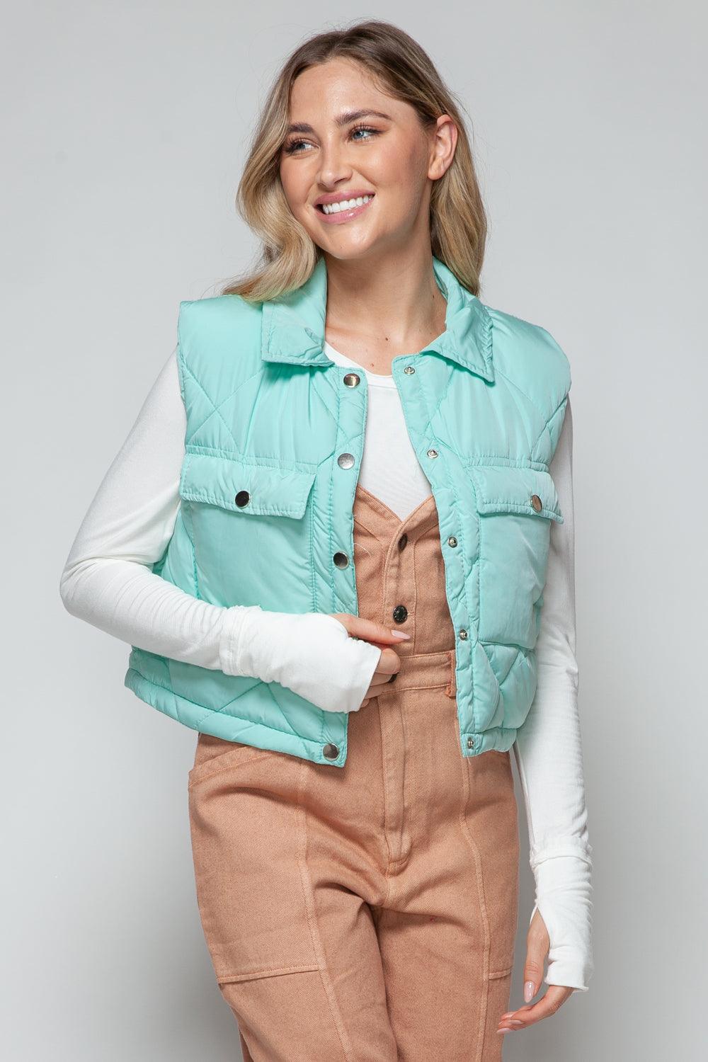 Crop Vest Snobbish Snap Down Quilted Sleeveless Green Outwear Green 3b5924a8-5f23-4ff6-9602-9655cb357ac1-Max Trendsi