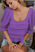 BiBi Crochet Top Lavender Square Neckline Ruffled with Puff Short Sleeve LAVENDER 3b63674e-07d4-46eb-b6de-b6239c47163d-Max-Origin Trendsi