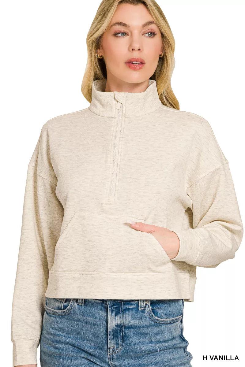 Zenana Scuba Half Zip Pullover with Kangaroo Pockets