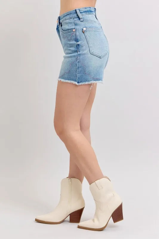 Judy Blue Denim Shorts High Waist Western Embroidery Detail Cut Off 3b6b3567bda444bcaeaf1f7f3d81bb31-Max-Origin Trendsi