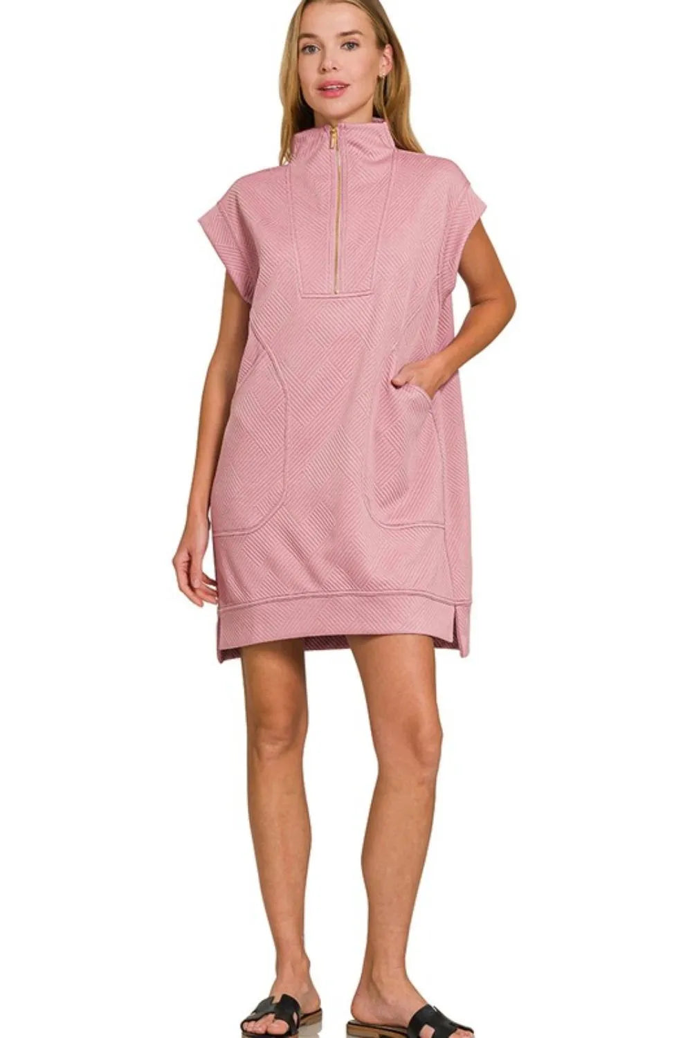 Zenana Mini Dress Textured Knit Jacquard Light Rose Quarter Zipper Oversized 3b70bc8a-102e-46de-8e5d-a8239bb1ade2-Max-Origin Trendsi