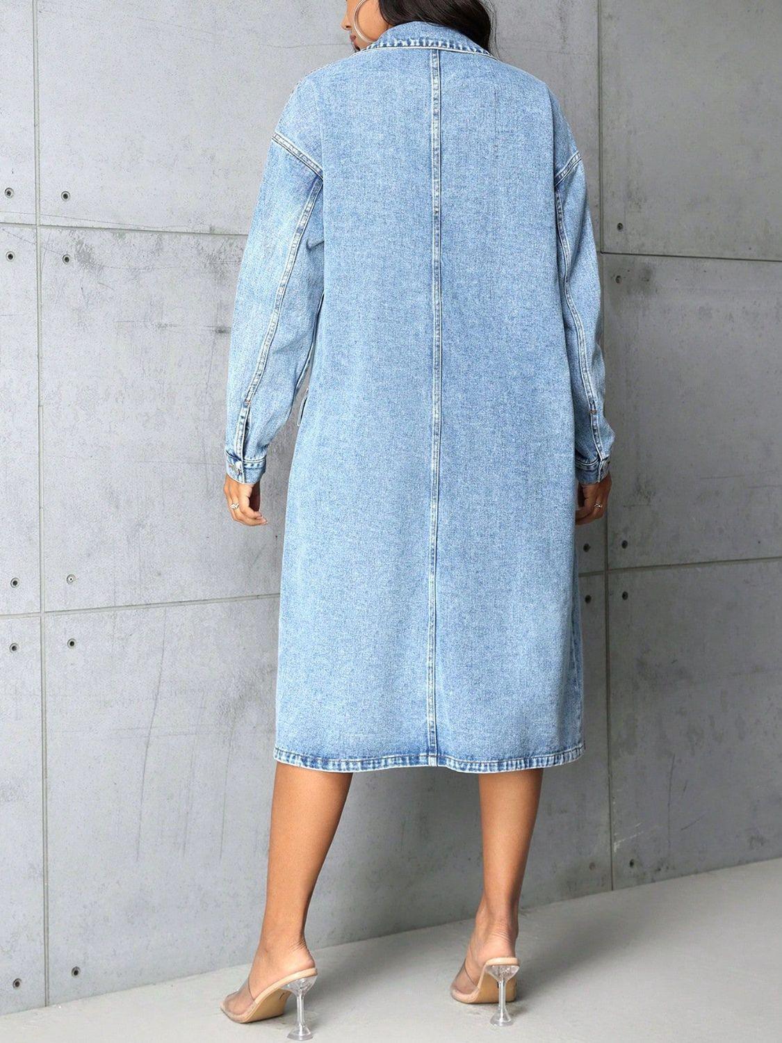 Denim Long Jacket Pocketed Button Up Collared Neck Single Breasted 3b75eca3-cf21-4e15-8354-e26661e08658-Max Trendsi