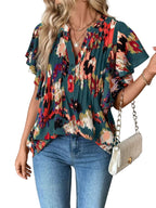 Abstract Print Blouse with Ruffle Sleeves