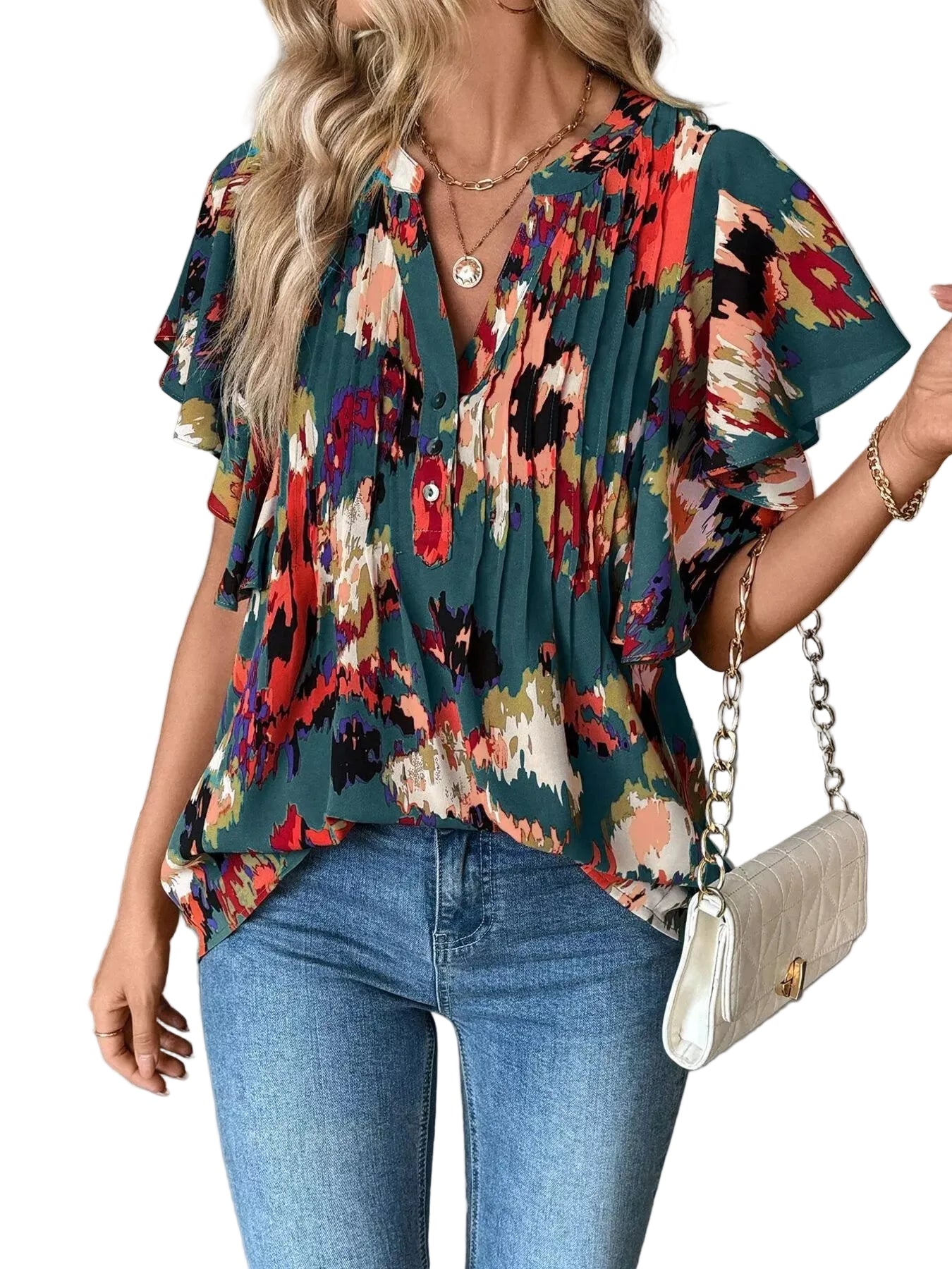 Abstract Print Blouse with Ruffle Sleeves