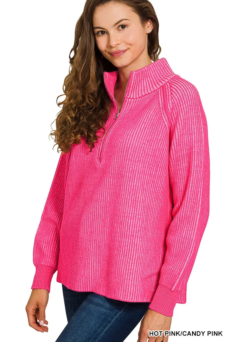 Zenana Womens Sweater Hot Pink Ribbed Two Tone Half Zip High Neck 3b82df56d0184cfa8ef34700bb0eaf42-Max-Origin Trendsi