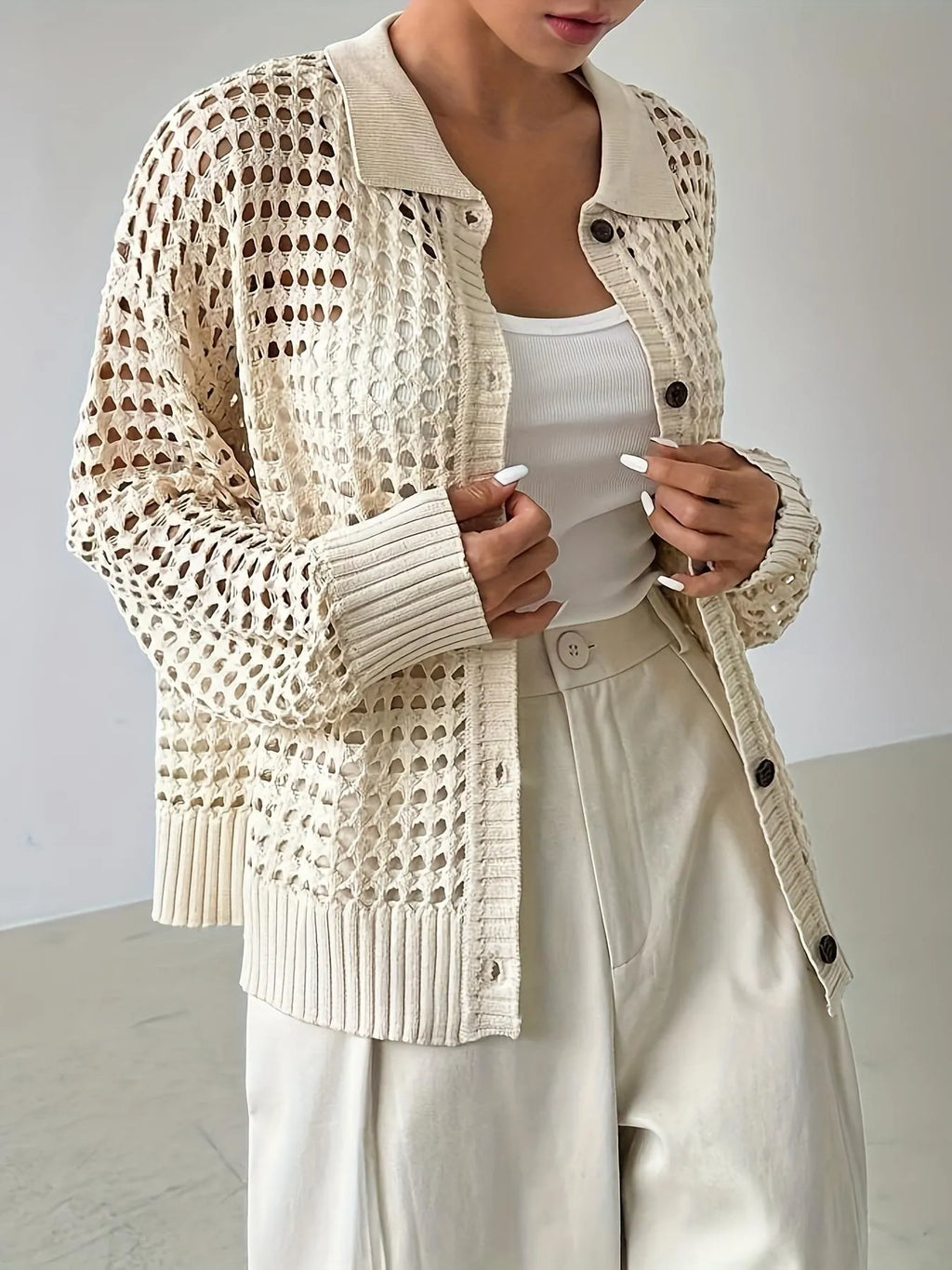 Women's Cardigan Cutout Hollow Out Knit Button Front Long Sleeve Cream 3b841b7e-7456-44f5-a9c9-0fc462d48937-Max-Origin Trendsi