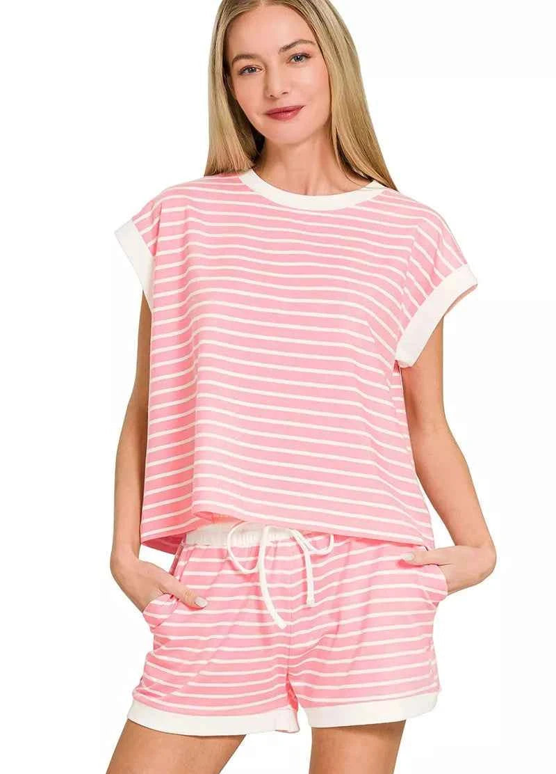 Zenana Outfit Set Pink Stripe Contrast Trim Short Sleeve Top & Shorts DK PINK 3b8c5ece20e04472ac6b65286e766765-Max-Origin Trendsi