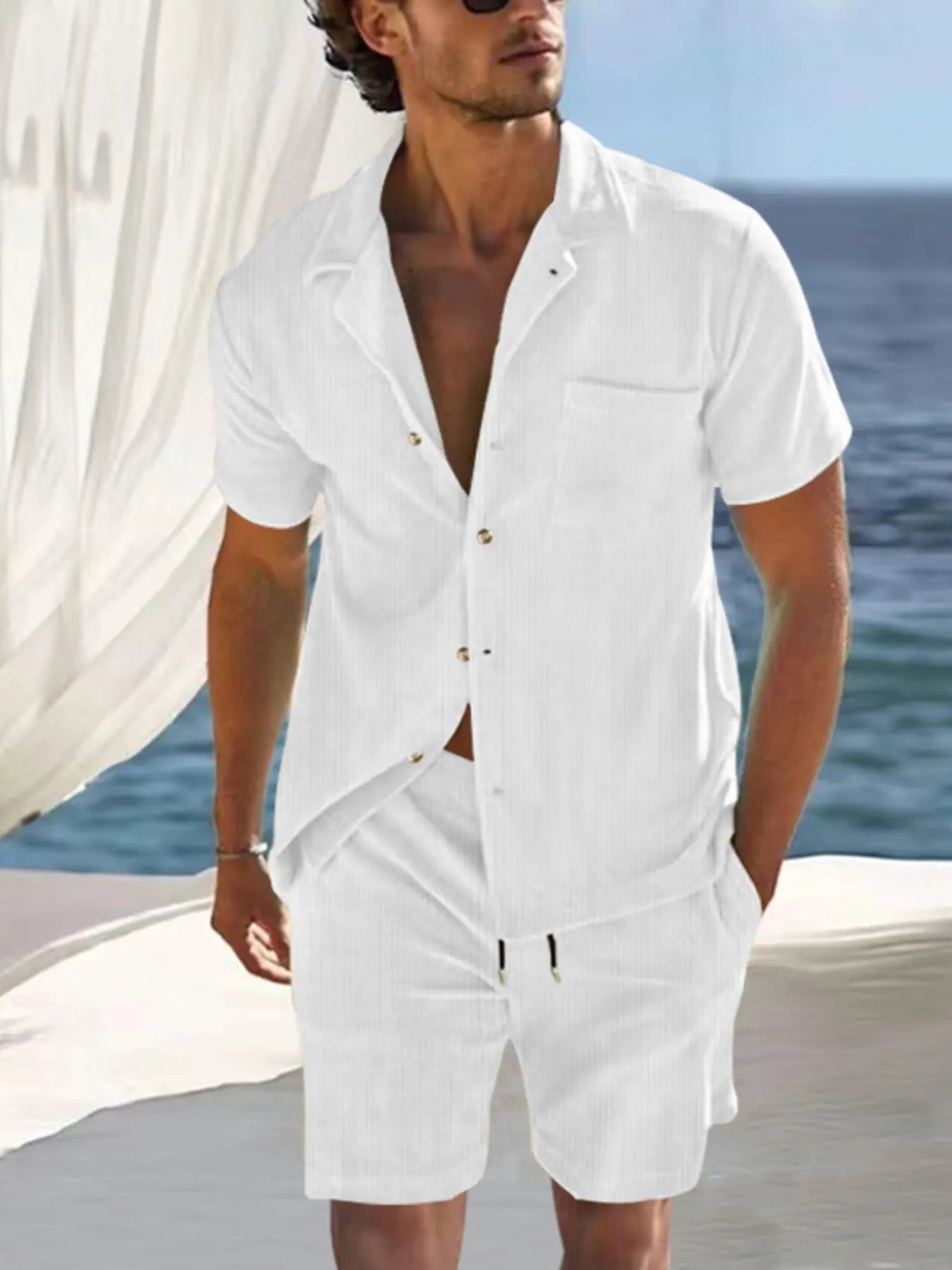 Men's Shirt and Shorts Set Short Sleeve Pocketed Outfit Two-piece Sets White 3b8ebfeb9695495aa578d584640a5680-Max-Origin Trendsi