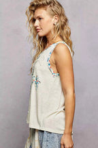 POL Floral Print Star Patch V-Neck Ribbed Tank