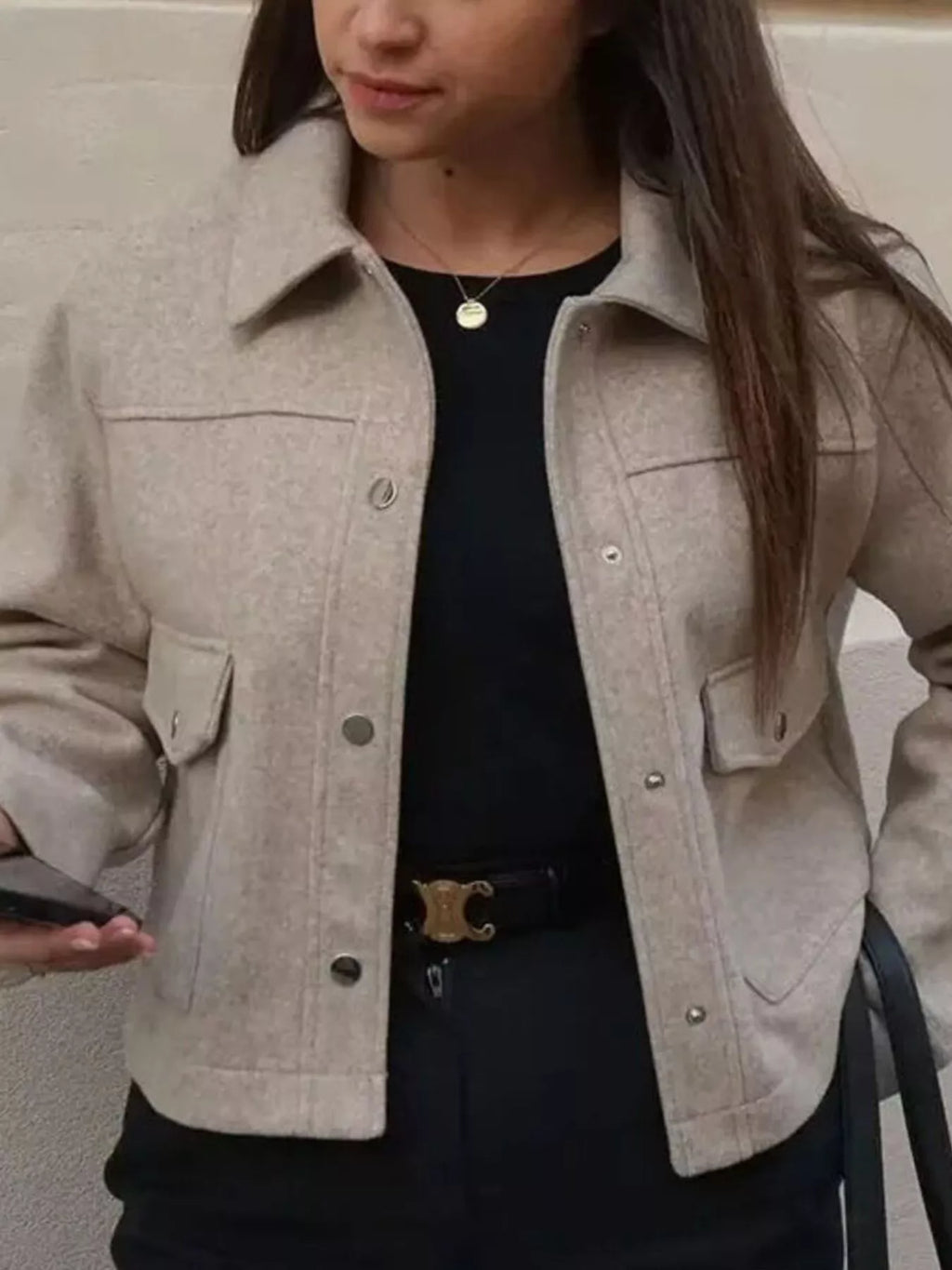 Womens Jacket Cropped Snap Down Long Sleeve Casual Outwear 3b941a07-1fc6-40b1-bce8-e167853b5d36-Max-Origin Trendsi