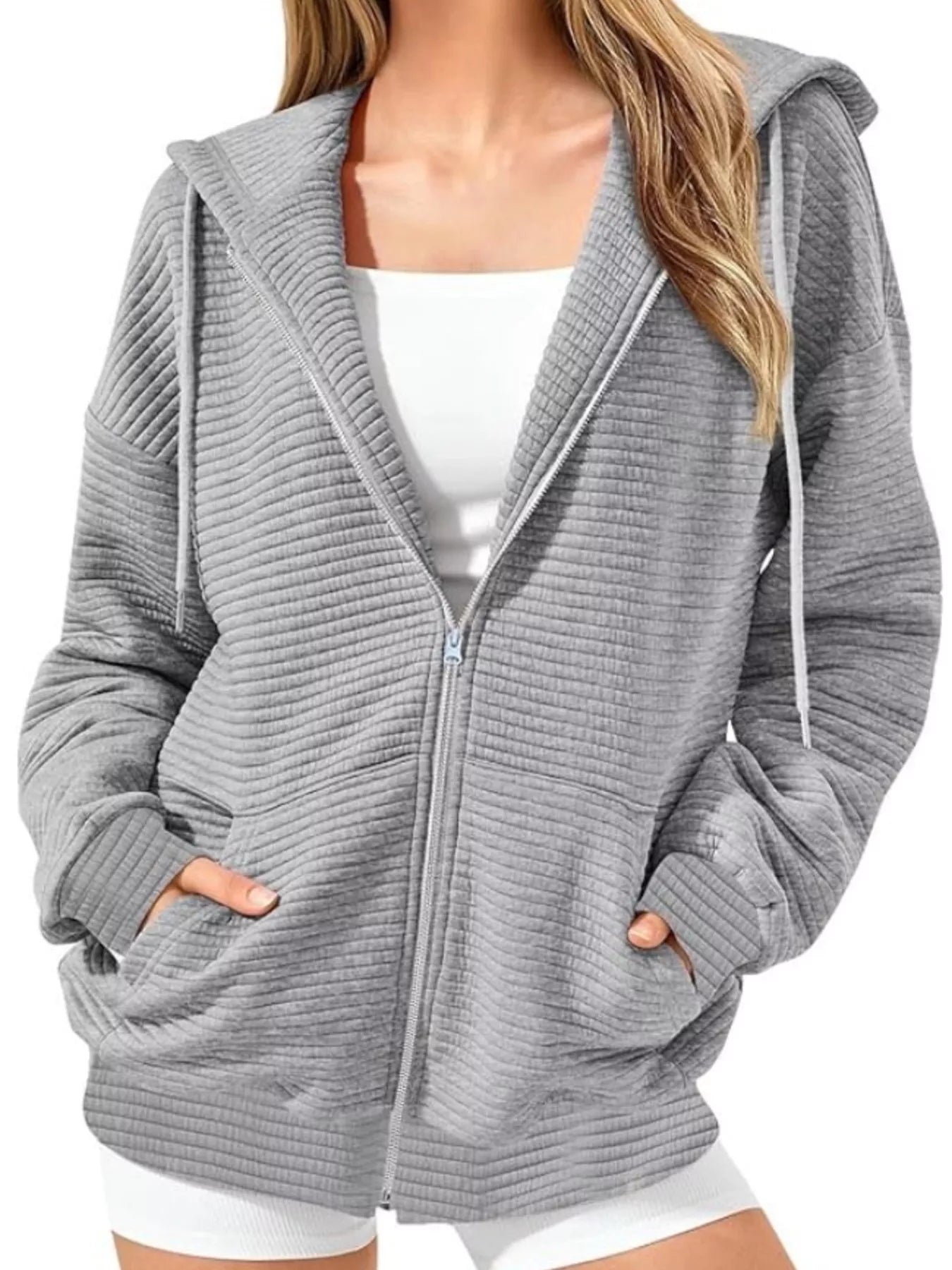 Women's Hoodie Zip Up Drawstring Hood Dropped Shoulder Long Sleeve Gray 3b9ec85918c340b9818538b324141e1a-Max-Origin Trendsi