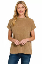 Zenana Womens Sweater Deep Camel Chenille Waffle Cap Short Sleeve 3ba66bad-304e-4700-821e-4e7983654617-Max-Origin Trendsi
