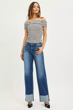 RISEN Womens Wide Straight Jeans Mid Rise With Wide Cuff Dark Wash 3bc74eaa6ace4d5685f73d12405b17ee-Max-Origin Trendsi