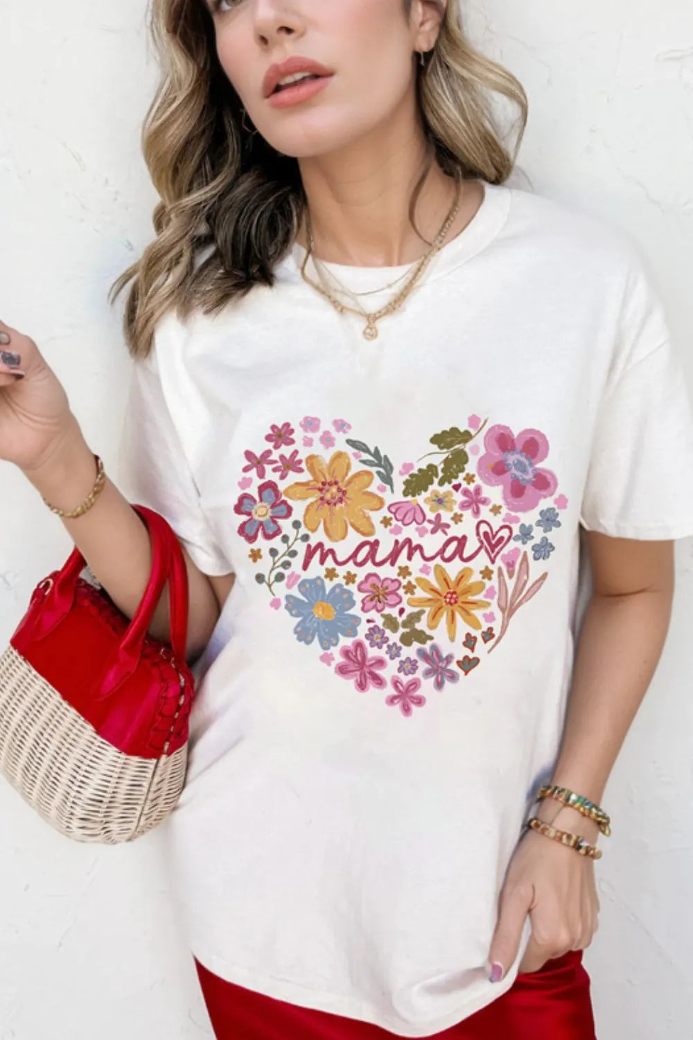T-shirt MAMA Flower Heart Cotton Blend Graphic Top White Tee White 3bce2152-baa4-433b-9904-47edb8b39020-Max-Origin Trendsi