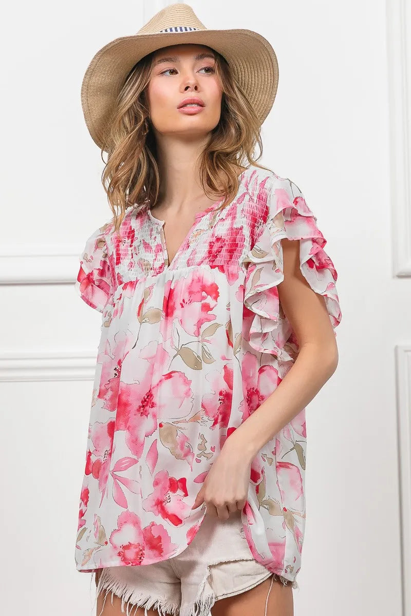 BiBi Blouse Ruffled Floral Print Flutter Sheer Top Short Sleeve 3bcee18d24f54e06a7d81bc59053ec69-Max-Origin Trendsi